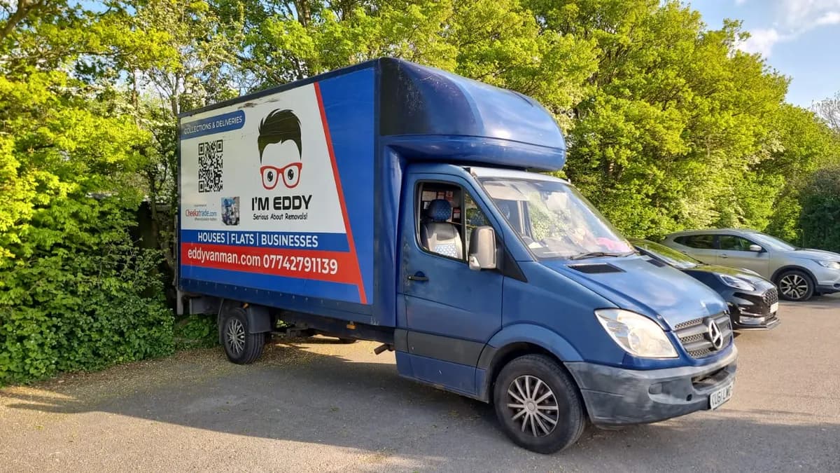 The Luton van out on the road across the Mendips